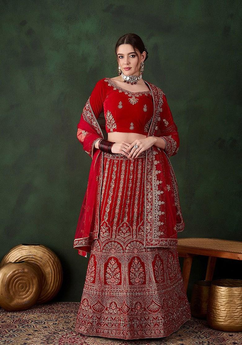 Red Emboridered Blended Lehenga Choli - Indya