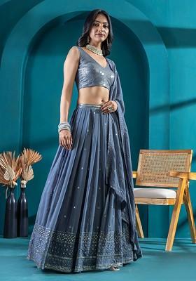 Grey Emboridered Blended Lehenga Choli