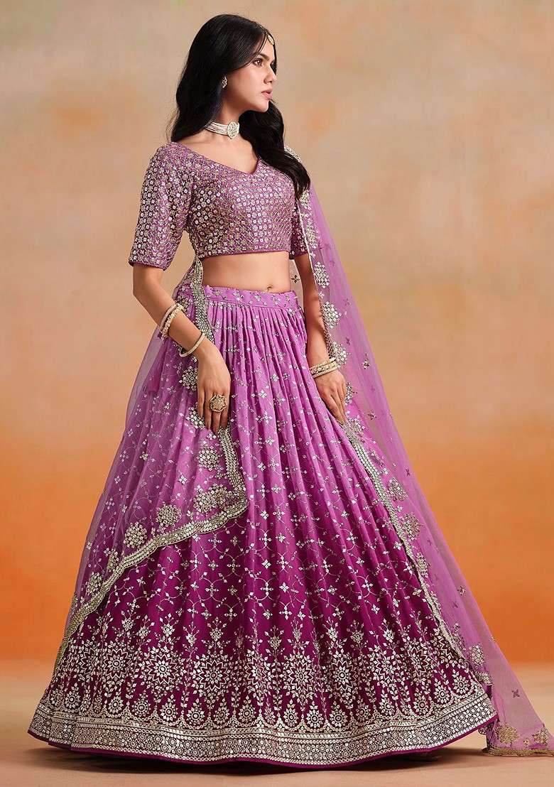 Pink Emboridered Blended Lehenga Choli - Indya