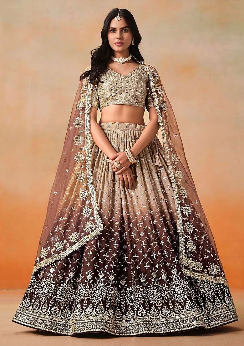 Brown Emboridered Blended Lehenga Choli - Indya