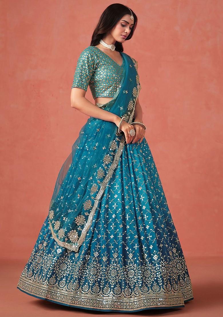 Teal Emboridered Blended Lehenga Choli - Indya