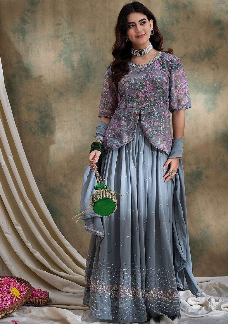 Grey Emboridered Blended Lehenga Choli - Indya
