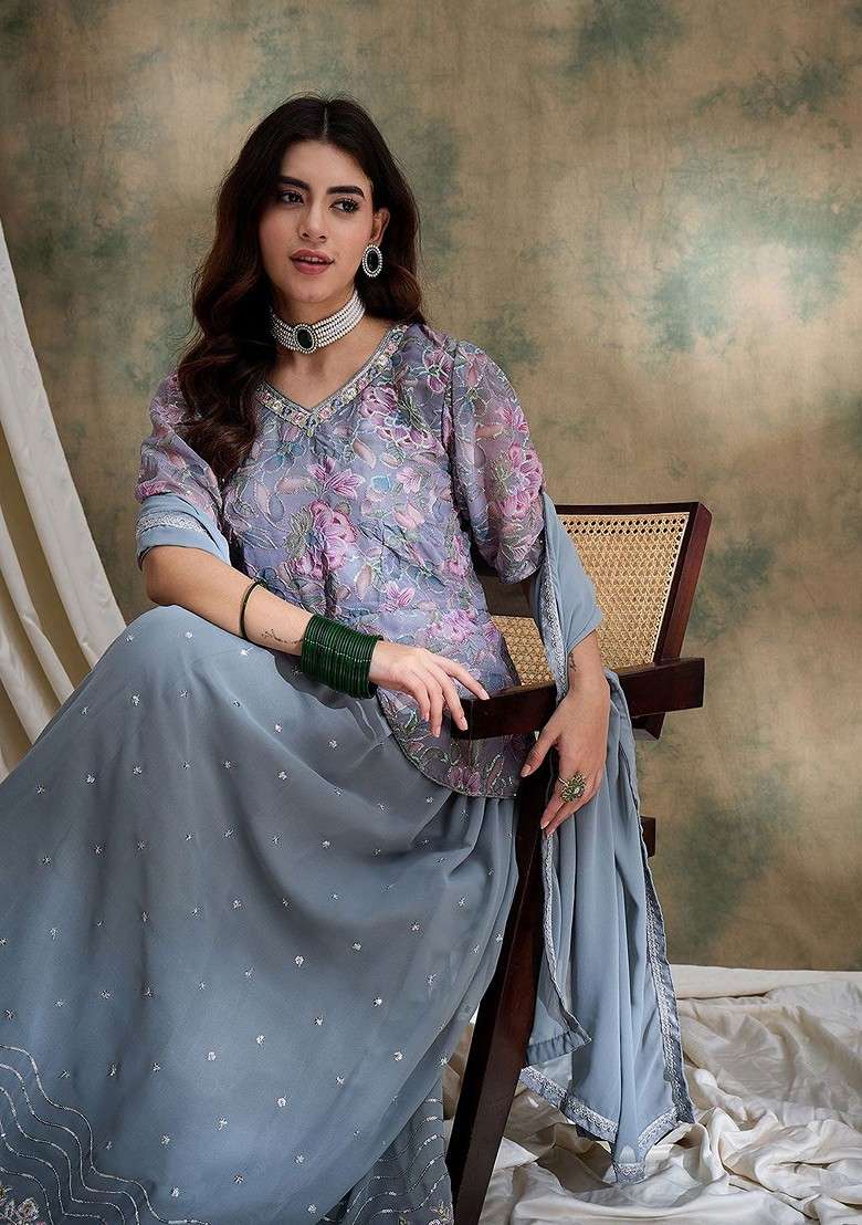 Grey Emboridered Blended Lehenga Choli - Indya
