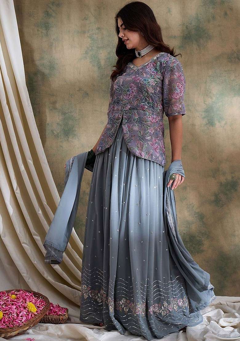 Grey Emboridered Blended Lehenga Choli - Indya