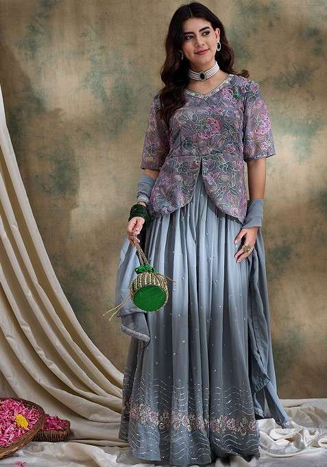 Grey Emboridered Blended Lehenga Choli