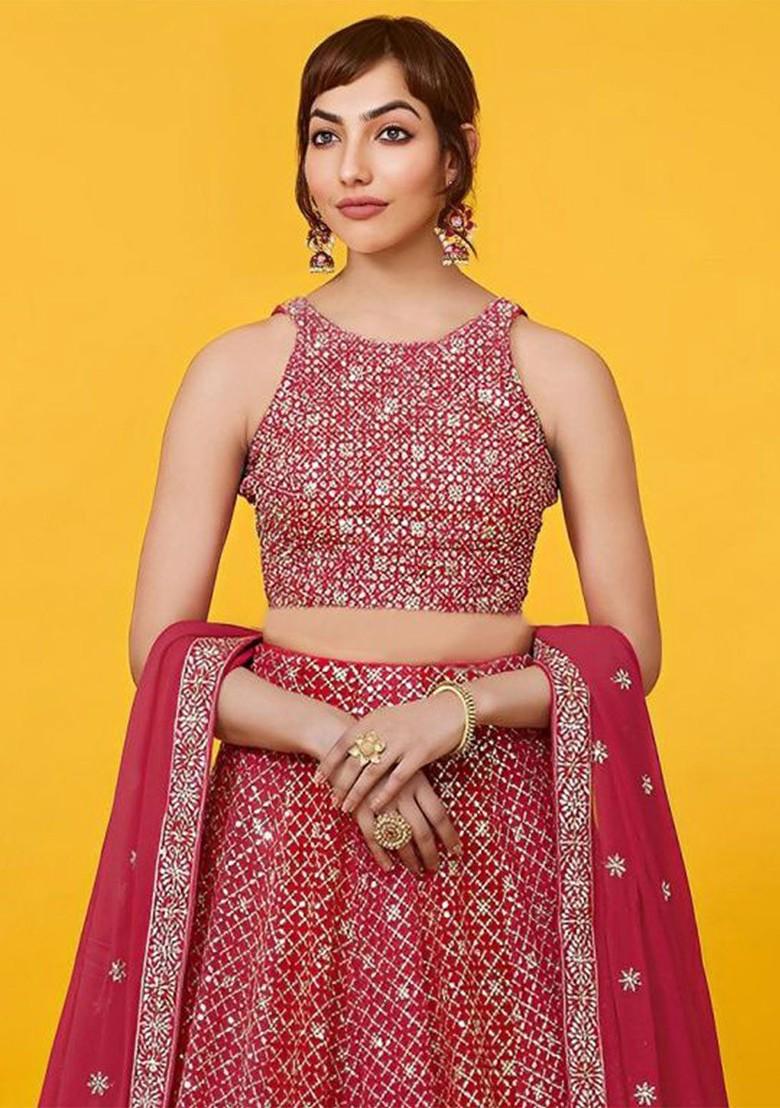 Red Emboridered Blended Lehenga Choli - Indya