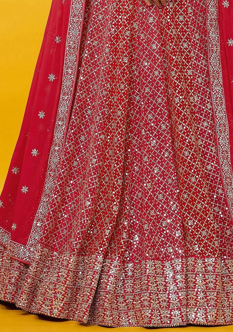 Red Emboridered Blended Lehenga Choli - Indya