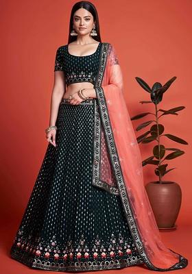 Green Emboridered Blended Lehenga Choli