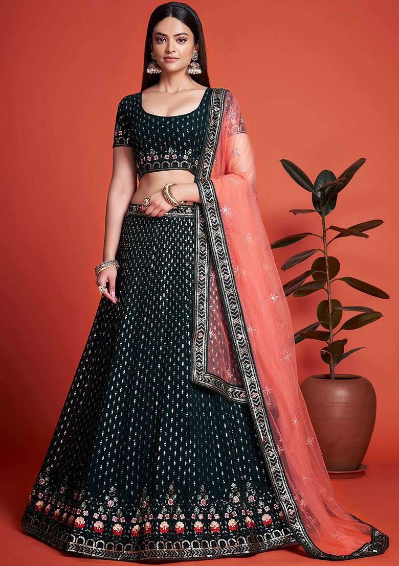 Green Emboridered Blended Lehenga Choli - Indya