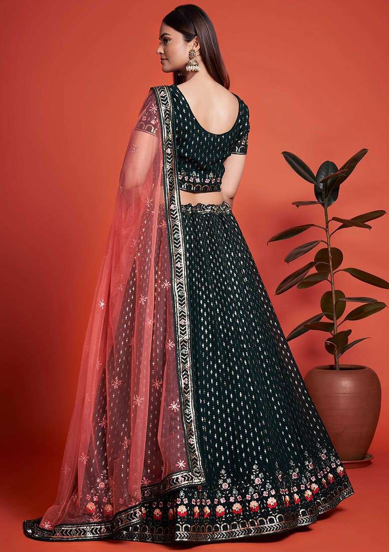 Green Emboridered Blended Lehenga Choli - Indya