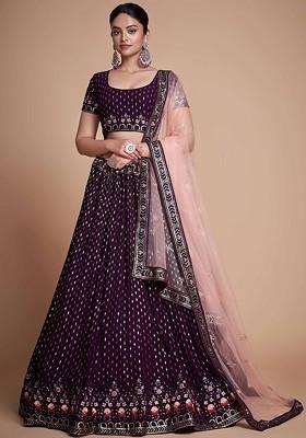 Purple Emboridered Blended Lehenga Choli