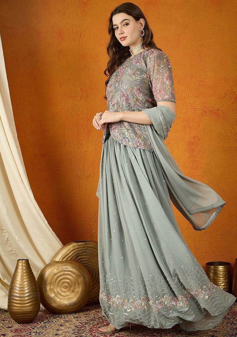 Grey Emboridered Blended Lehenga Choli - Indya