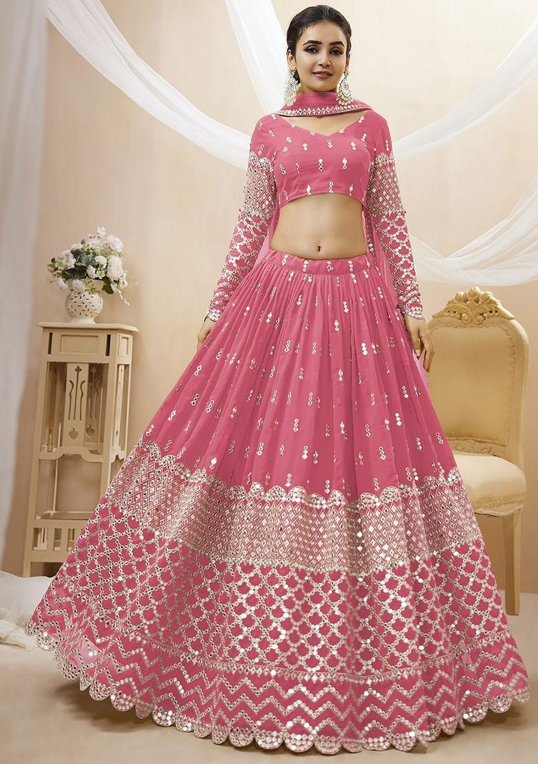 Pink Emboridered Blended Lehenga Choli - Indya