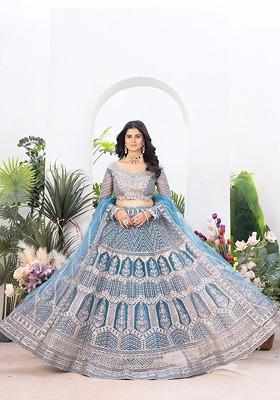 Blue Emboridered Blended Lehenga Choli