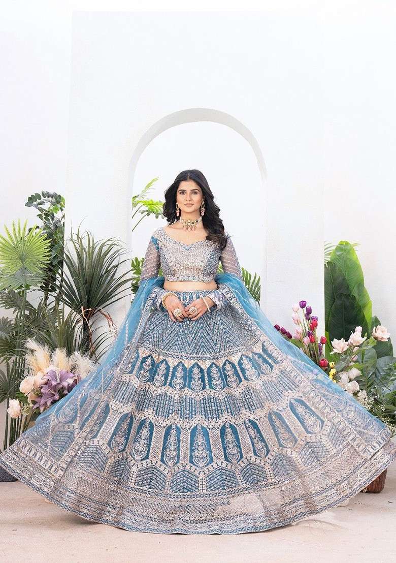 Blue Emboridered Blended Lehenga Choli - Indya