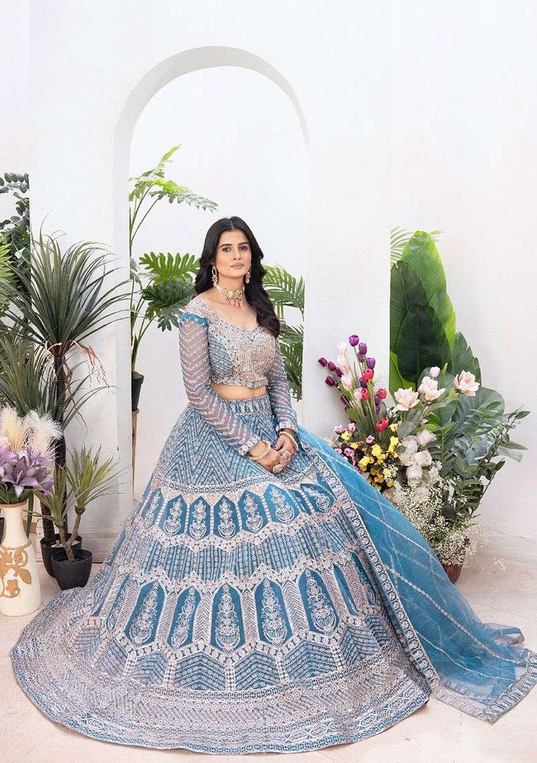 Blue Emboridered Blended Lehenga Choli - Indya