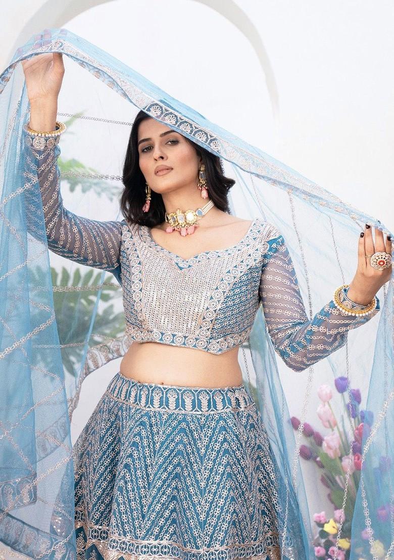 Blue Emboridered Blended Lehenga Choli - Indya