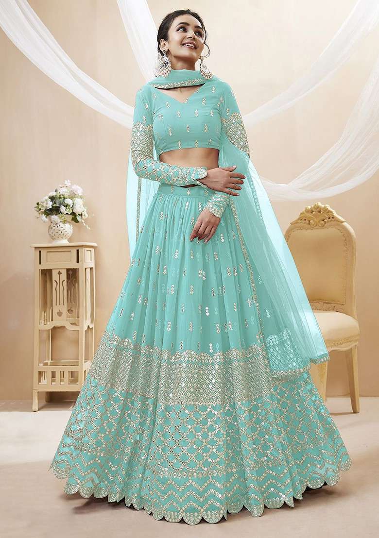 Blue Emboridered Blended Lehenga Choli - Indya