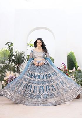 Blue Emboridered Blended Lehenga Choli
