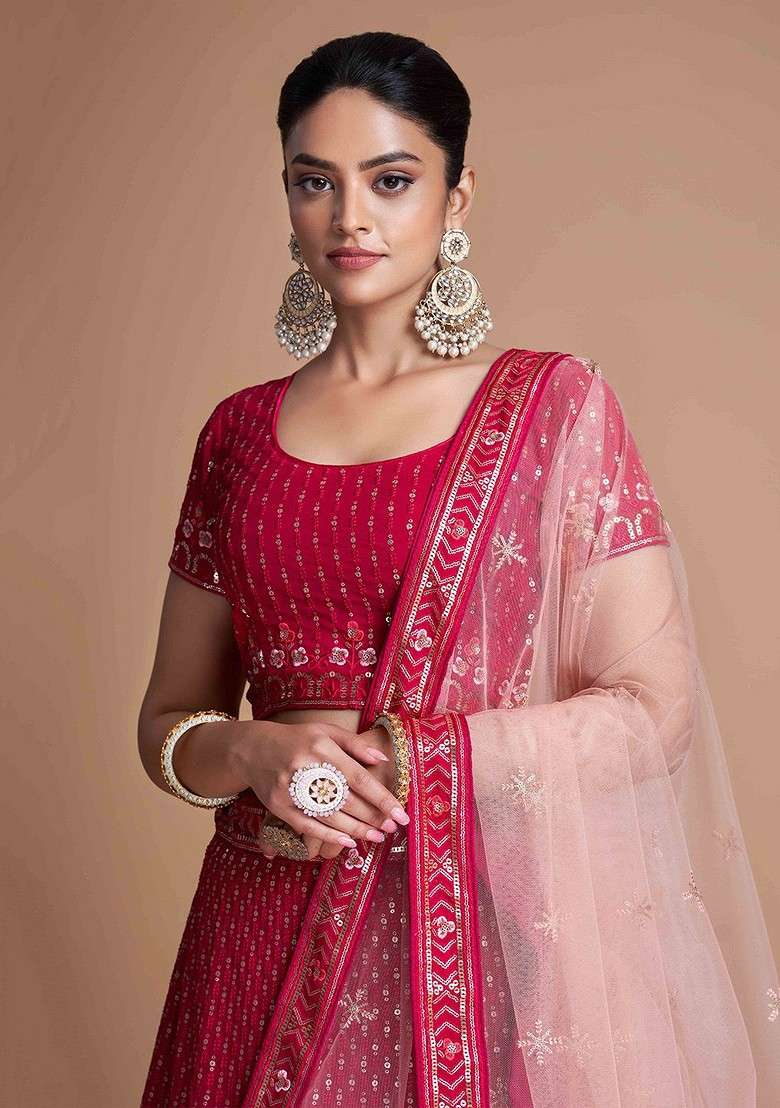 Pink Emboridered Blended Lehenga Choli - Indya
