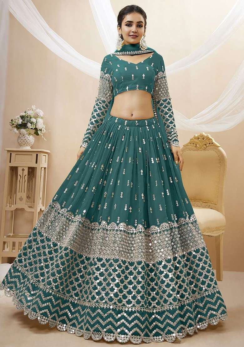 Blue Emboridered Blended Lehenga Choli - Indya
