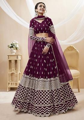 Purple Emboridered Blended Lehenga Choli