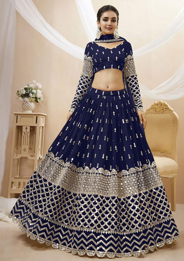 Navy Blue Emboridered Blended Lehenga Choli - Indya
