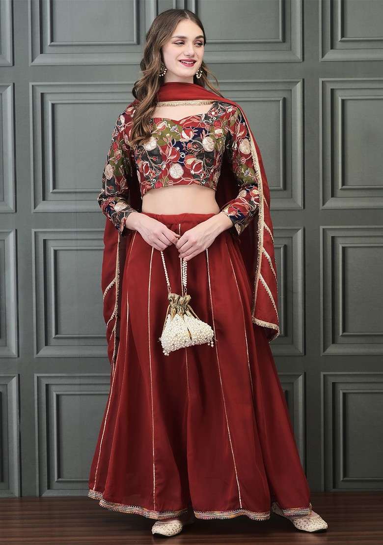 Maroon Emboridered Blended Choli Lehenga for Diwali | Wedding & Festive Wear - Indya