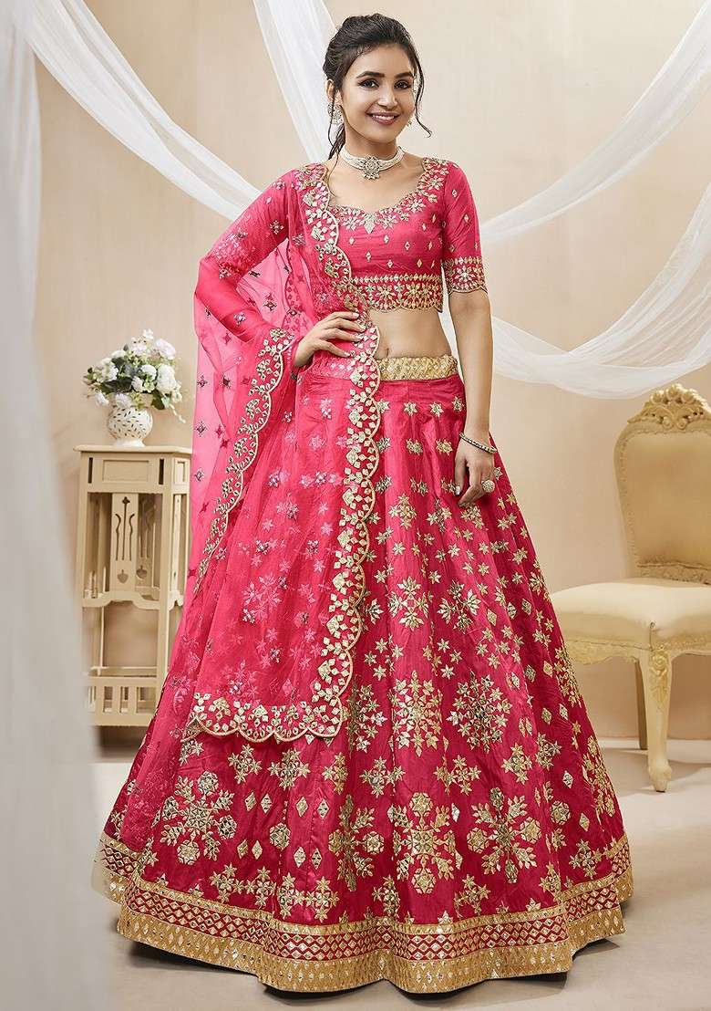 Pink Emboridered Blended Lehenga Choli - Indya