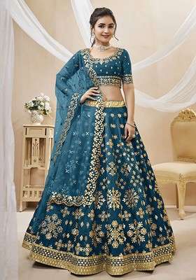 Blue Emboridered Blended Lehenga Choli
