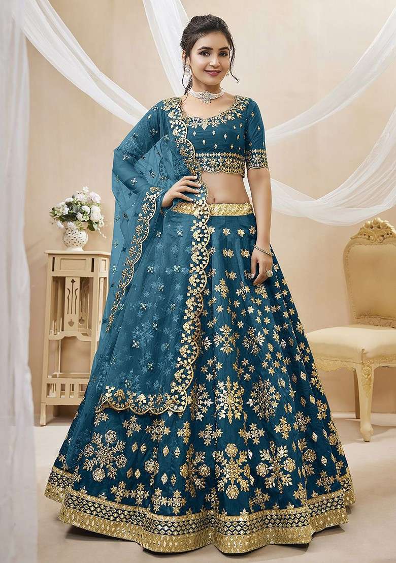 Blue Emboridered Blended Lehenga Choli - Indya