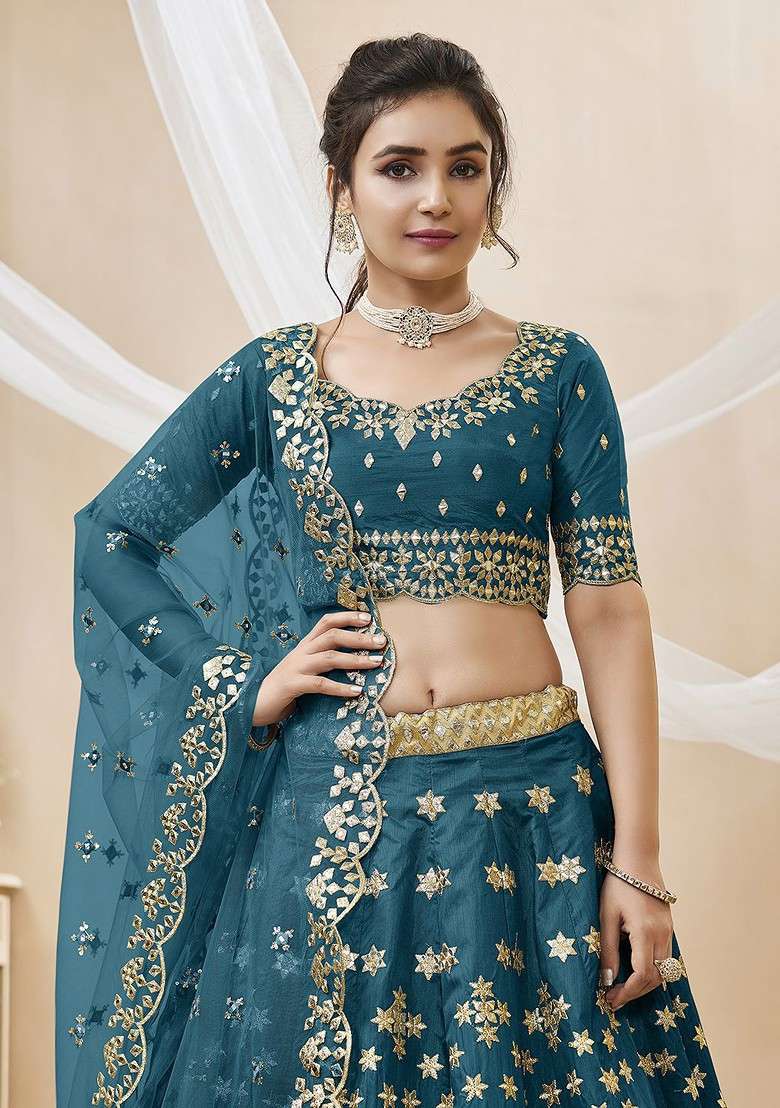 Blue Emboridered Blended Lehenga Choli - Indya