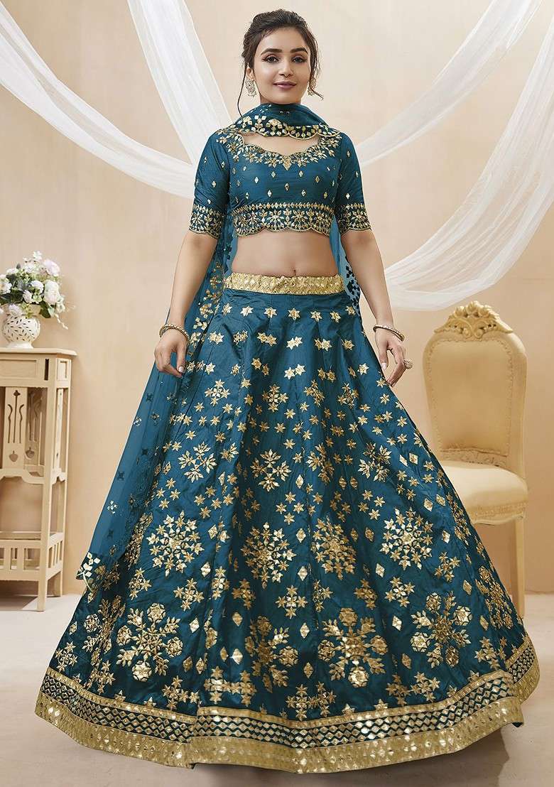 Blue Emboridered Blended Lehenga Choli - Indya