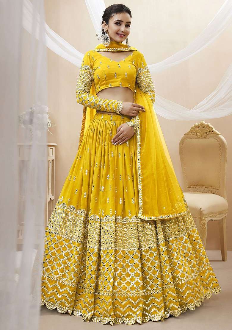 Yellow Emboridered Blended Lehenga Choli - Indya