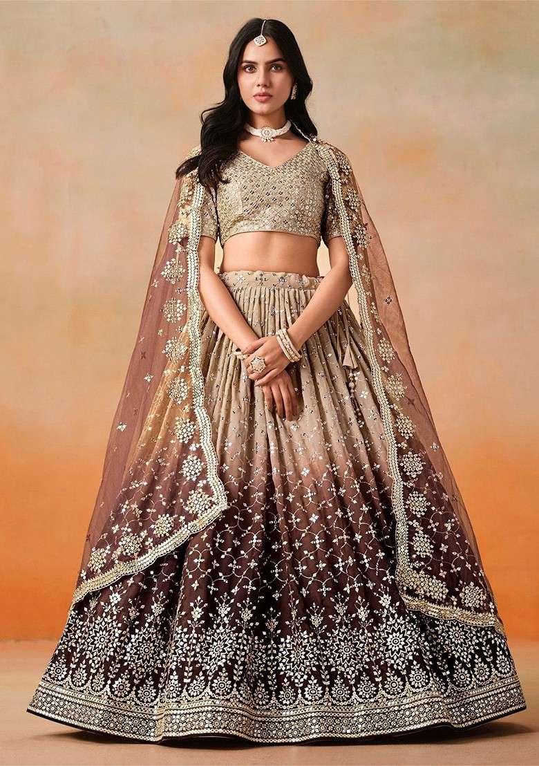 Brown Emboridered Blended Lehenga Choli - Indya