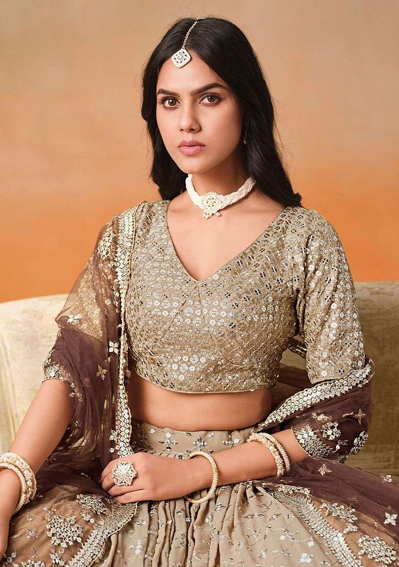 Brown Emboridered Blended Lehenga Choli - Indya