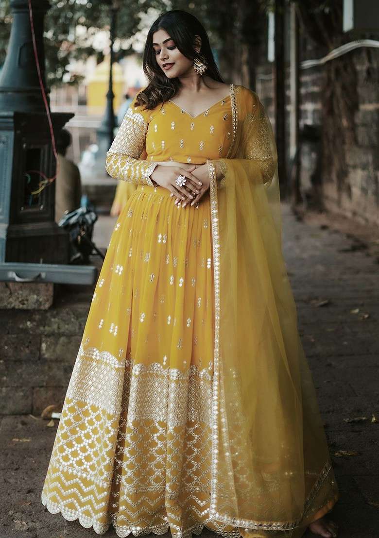 Yellow Emboridered Blended Lehenga Choli - Indya
