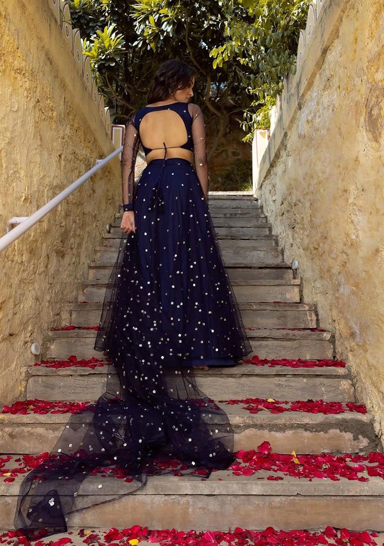Navy Blue Emboridered Blended Lehenga Choli - Indya