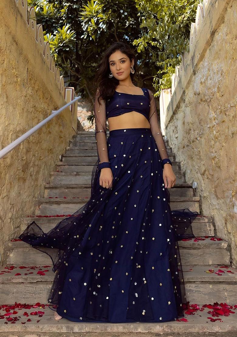 Navy Blue Emboridered Blended Lehenga Choli - Indya