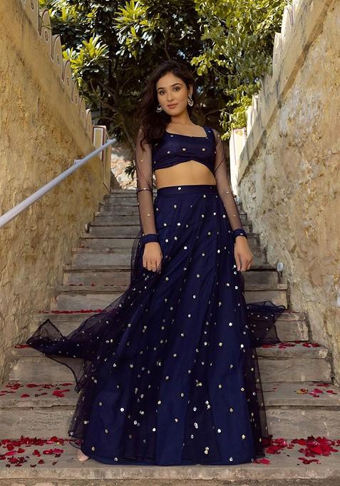 Navy Blue Emboridered Blended Lehenga Choli