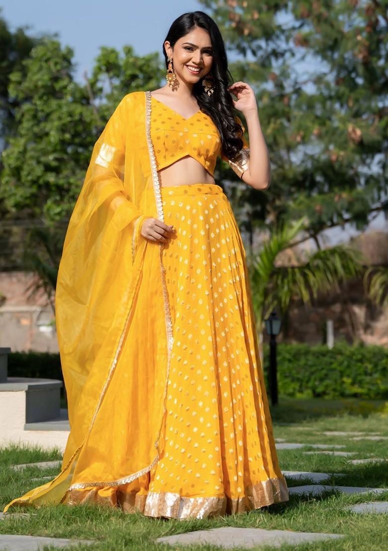 Yellow Woven Design Blended Lehenga Choli