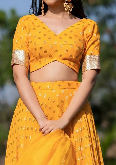 Yellow Woven Design Blended Lehenga Choli