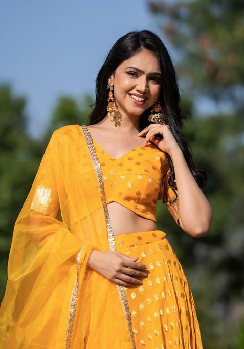Yellow Woven Design Blended Lehenga Choli