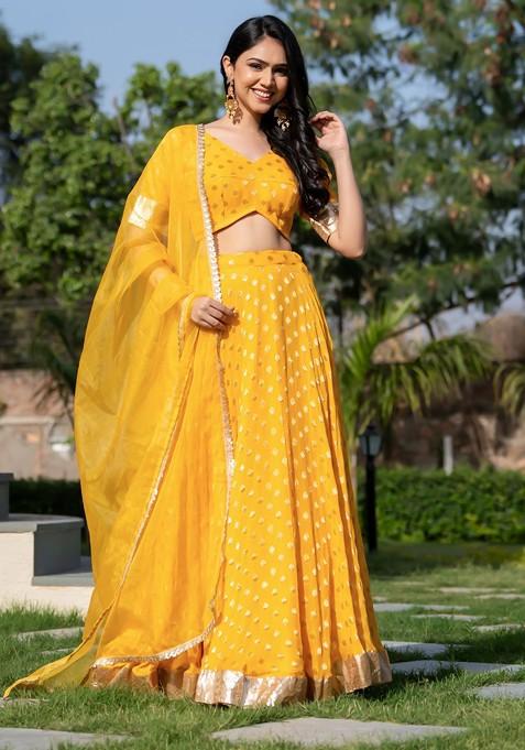 Yellow Woven Design Blended Lehenga Choli