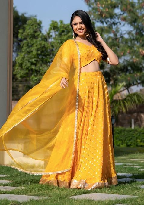 Yellow Woven Design Blended Lehenga Choli