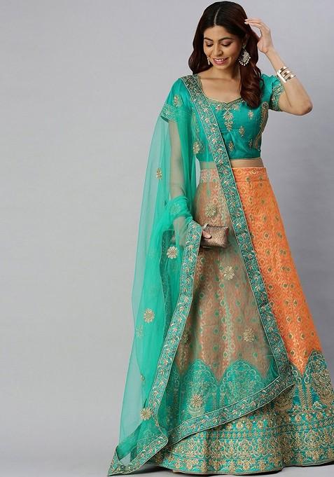 Peach Woven Design Blended Lehenga Choli — view on Indya