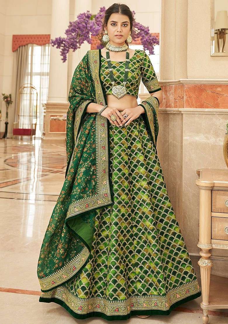 Green Emboridered Blended Lehenga Choli - Indya