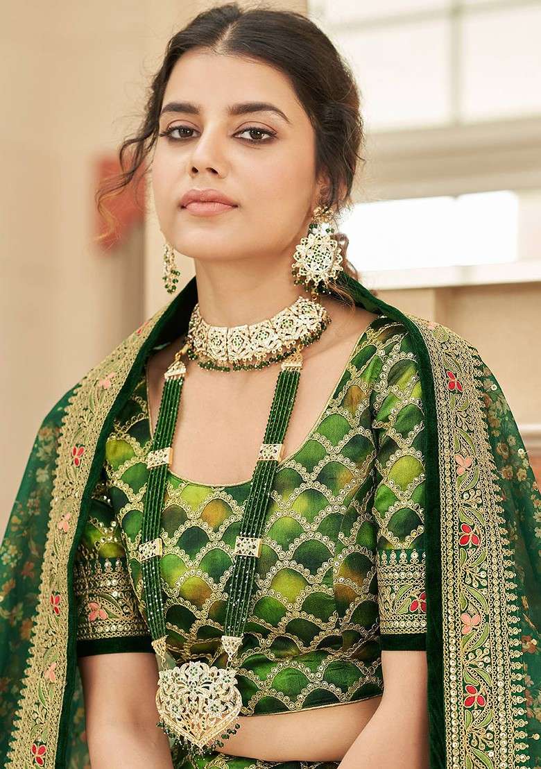 Green Emboridered Blended Lehenga Choli - Indya