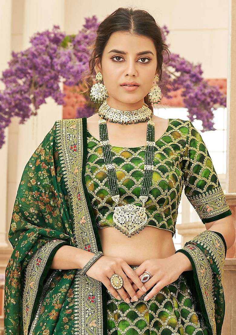 Green Emboridered Blended Lehenga Choli - Indya