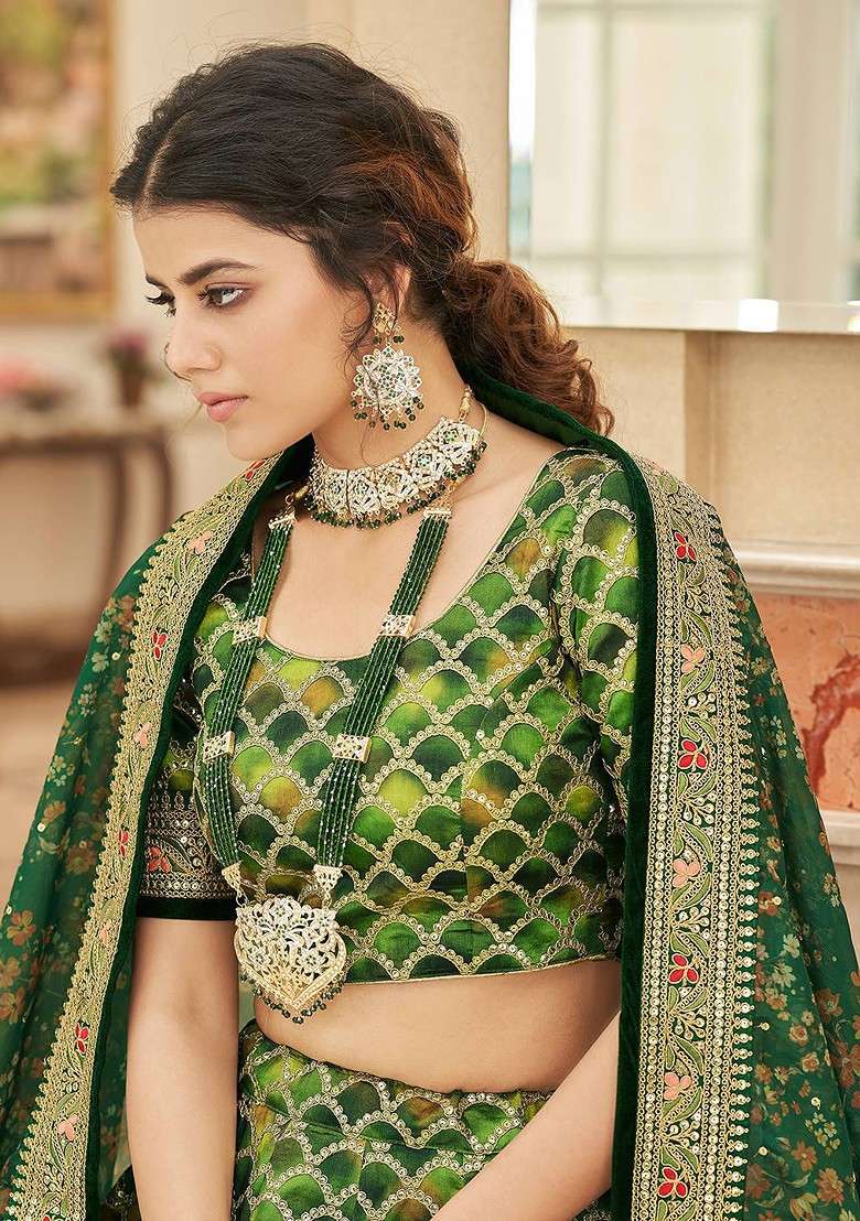 Green Emboridered Blended Lehenga Choli - Indya